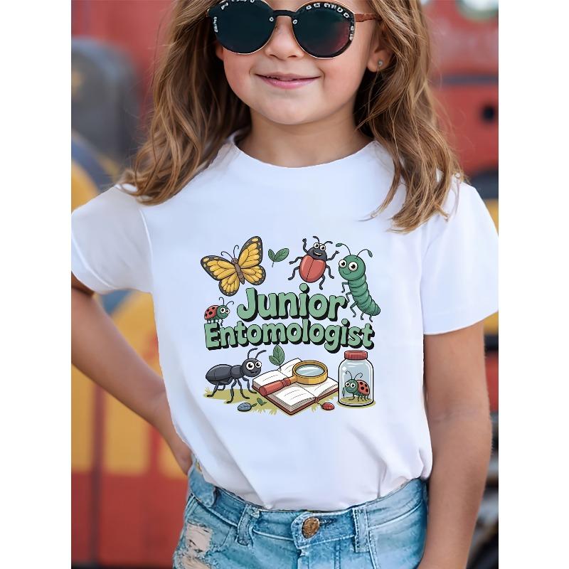 Girls Junior Entomologist Cartoon Insect Print Crewneck Short Sleeve Tee 110 белый