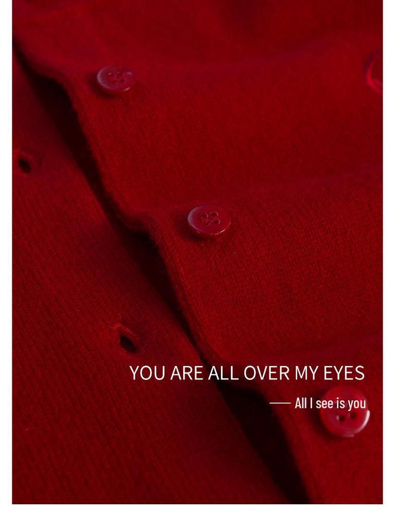 2025 Spring Women's Casual Red Koi Embroidered Wool Cardigan Sweater