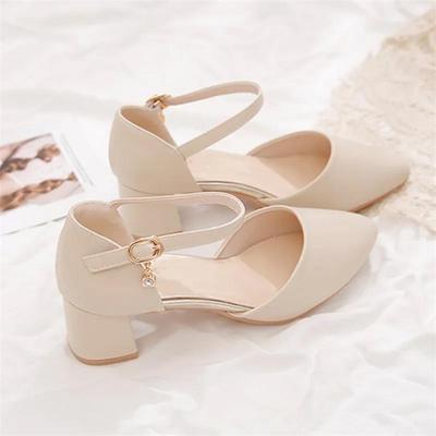2025 New Summer Square Head One-word Buckle Bag Head Sandals Women's Summer Skirt Work Temperament Medium Heel High Heel Single Shoes
