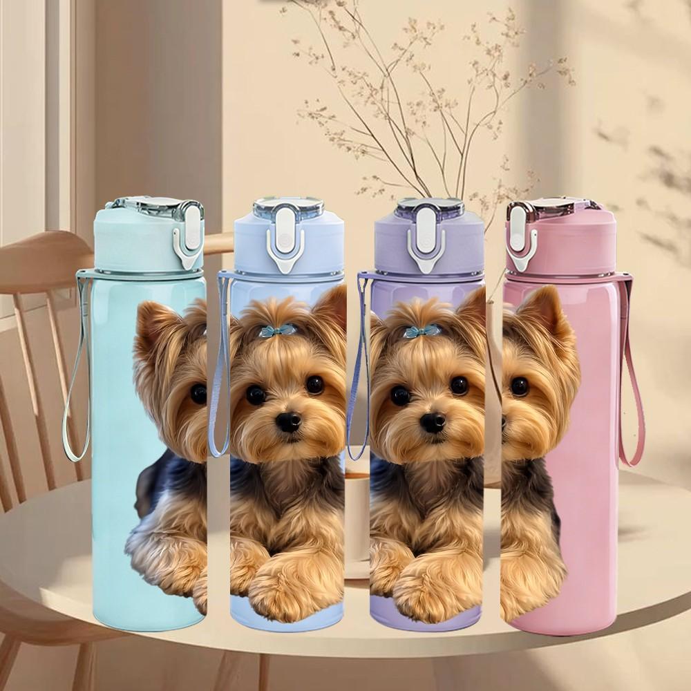 1PC Gentle Yorkie Puppy Close View 750ml Color Plastic Sports Water Bottle Leakproof Flip Straw Lid Suitable for Sports Office Home Use