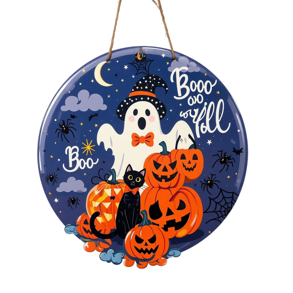 30cm Round Wooden Halloween Theme Door Sign Ghost Pumpkin Cat Party Wall Hanging Decoration for Home Indoor Outdoor Use