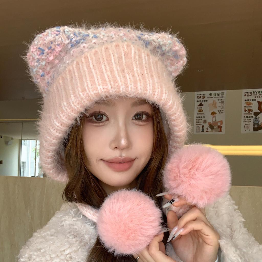 New Arrival Japanese Cute Women's Hat Autumn Winter Beanie, Plush Ear Warm Knitted Hat