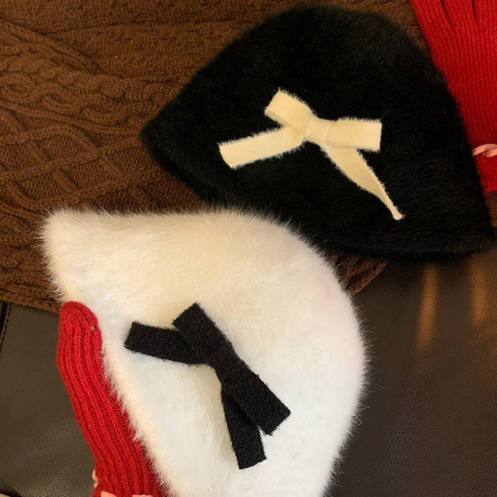 

Y2k Plush Basin Hat Harajuku Пушистая Рыбацкая Шапка Модная Бантик Панама Зима белый