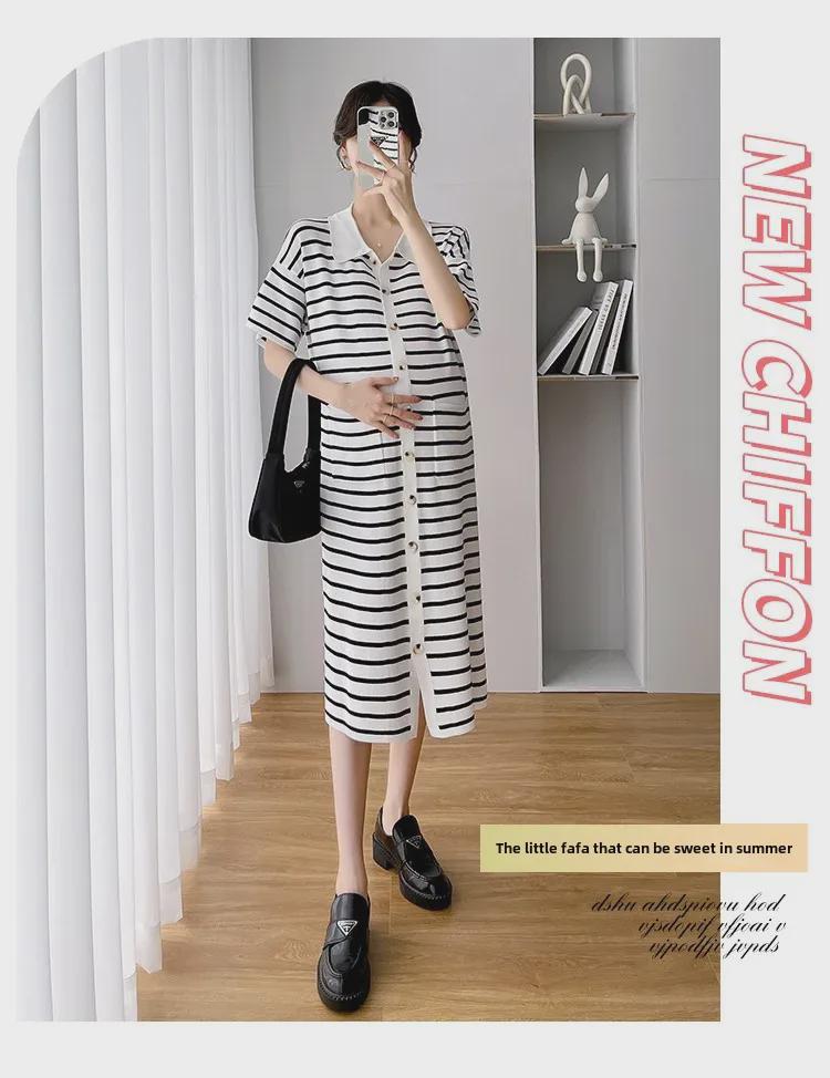 2023 Summer Korean Striped Knitted Short Sleeve Maternity Dress