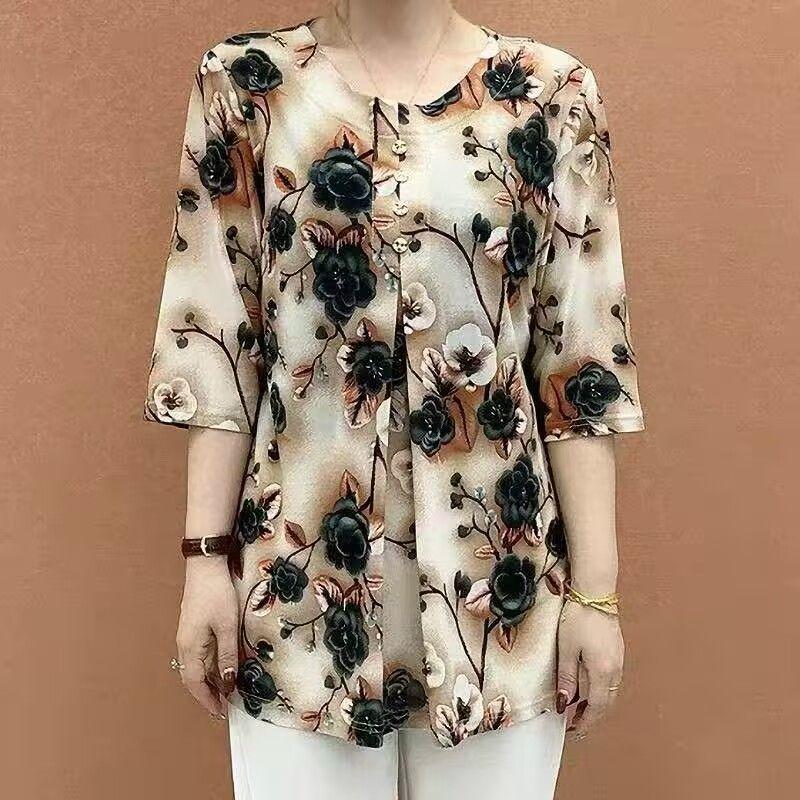 Women's Plus Size Printed T-Shirt Loose Summer Fit Round Neck Short Sleeve Blouse