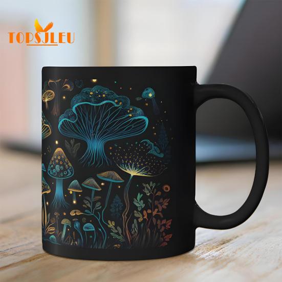 350ML Mushroom Coffee Mug with Grip Handle,Heat-Resistant Black Ceramic,Food Grade,Multifunctional Tea Milk Water Cup,Mushroom Lover Birthday Gift
