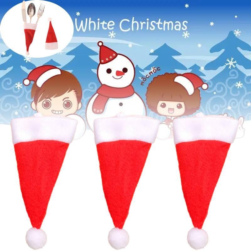 Neuankömmling Weihnachtsdekorationen Mit Mini-Weihnachtsmannmütze Plüsch Gabel- und Messerset Auf Lager Für Großhandel