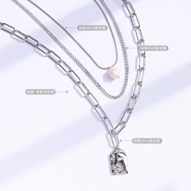 Fashionable Three-Layer Freshwater Pearl Pendant Necklace for Women Stylish Irregular Sweater Chain Stainless Steel Material