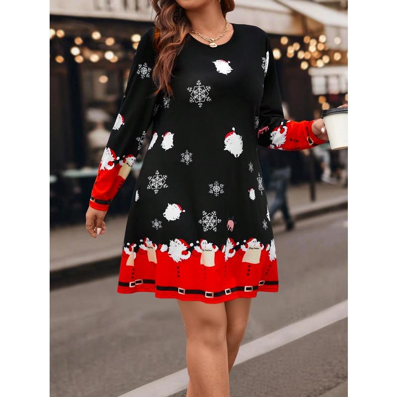 Holiday oriented Christmas Santa Claus and snowflake element plus size women's round neck long sleeved dress