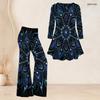 Damen Plus Size Zweiteiler V-Ausschnitt Langarm Bedrucktes Ausgestelltes Oberteil Ausgestellte Hose Schwarz Blau