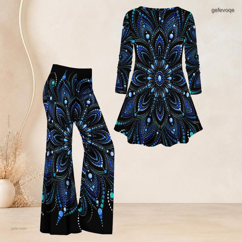 Damen Plus Size Zweiteiler V-Ausschnitt Langarm Bedrucktes Ausgestelltes Oberteil Ausgestellte Hose Schwarz Blau