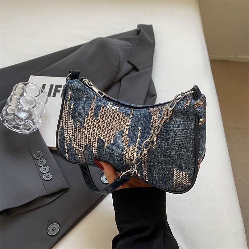 Trendy Denim Shoulder Bag 2024 Chic Chain Detail Medium Size Crossbody Bag For Women