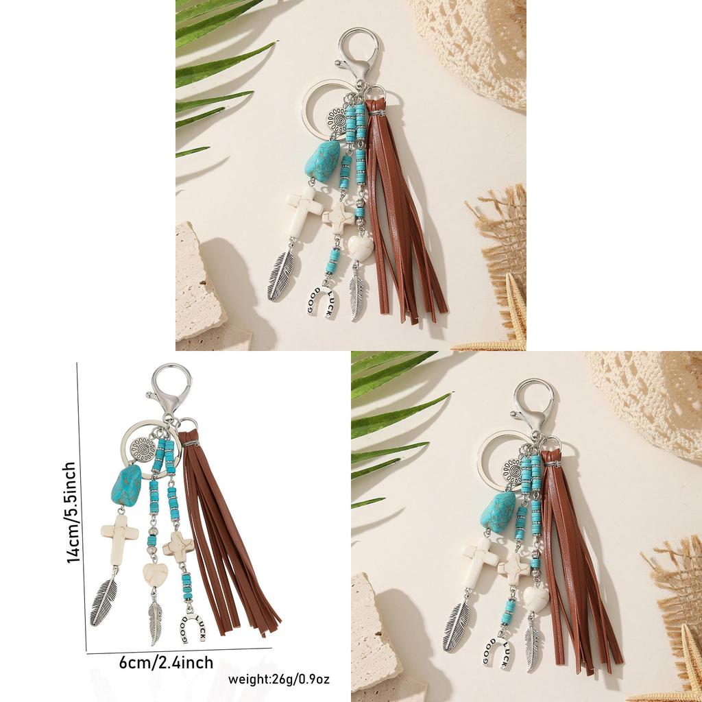 Boho Western Feather Cross Pendant Keychain With Handcrafted Wool For Casual Use