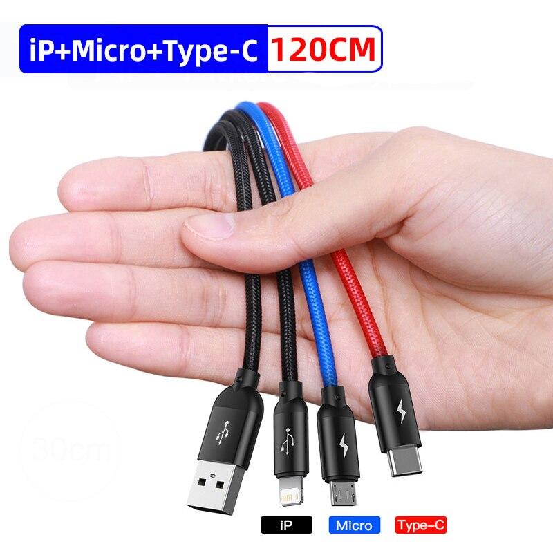 

3 in 1 USB Cable Type C Cable for Samsung S20 Xiaomi Mi 9 Cable for iPhone 12X11 Pro Max Huawei Charger Cable