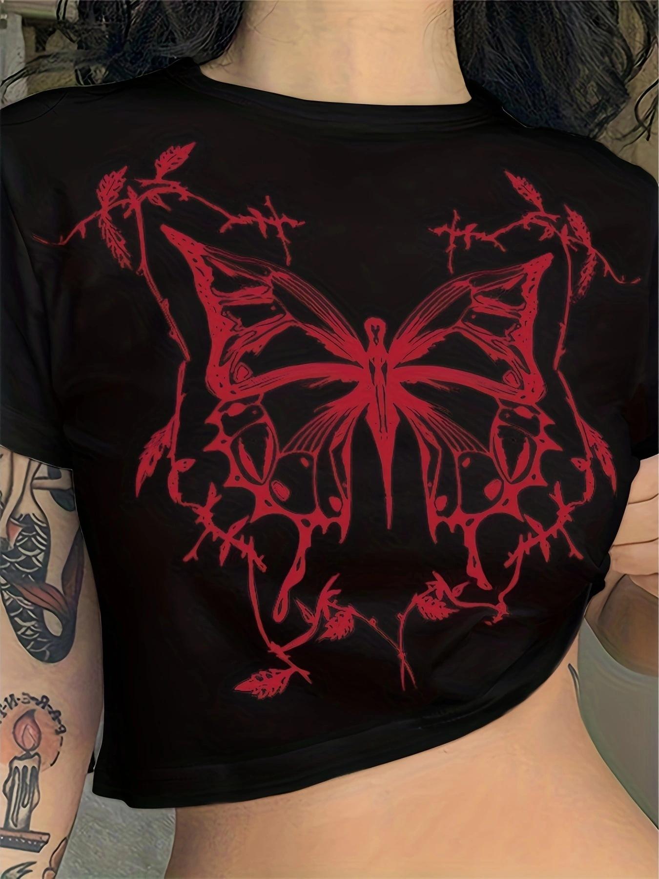 

Винтажный облегающий укороченный топ с короткими рукавами и принтом бабочки в стиле гранж в стиле панк, футболка в стиле Харадзюку, американская женская футболка Y2K 90S S чёрный