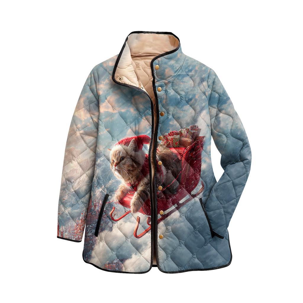 Dámský vánoční potisk s vysokým límcem polstrovaný bavlněný kabát s dlouhým rukávem a zapínáním na knoflíky