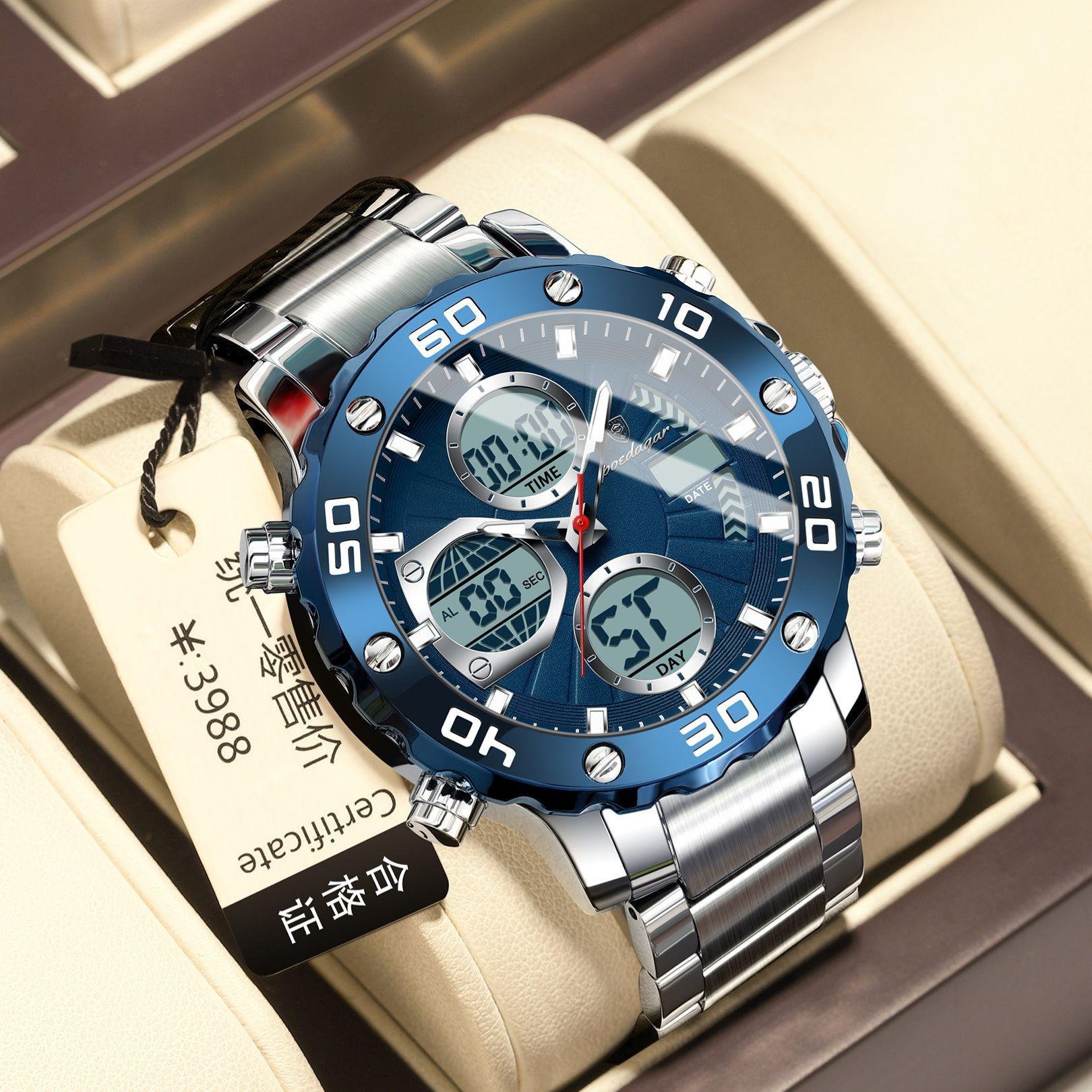 

POEDAGAR National Top Swiss Brand New Men s Dual Display Digital Watch Multifunctional Sports Wristwatch PE102Silver case, blue di