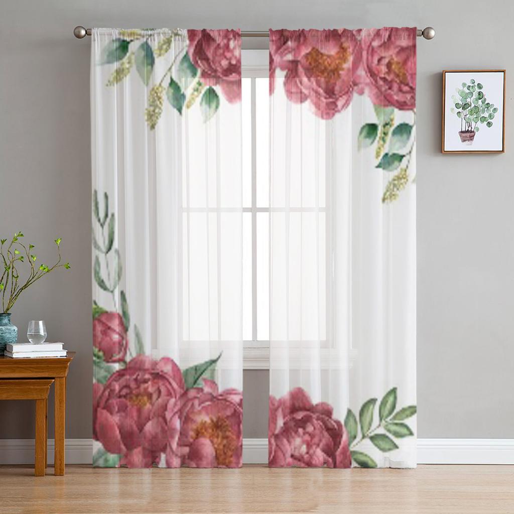 Aquarell Posy Zweig mit Pfingstrosenpflanzen Weiße Chiffon Transparente Vorhänge Wohnzimmer Schlafzimmer Fenster Voiles Tüllvorhang
