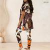 Women Plus Size Two Piece Pants Set Round Neck Short Sleeve Printed Longline Top And Fitted Long Pants