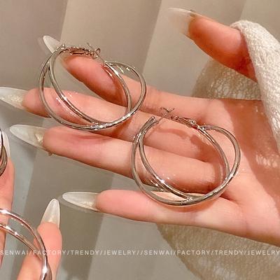 Silver Cross Circle Earrings Women's Cold Wind Exaggerated Earrings Year Earrings