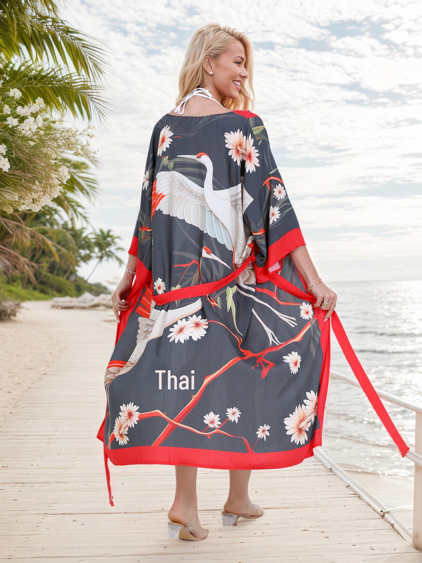 

2025 Трансграничный вискозный кардиган-накидка с принтом журавлей для пляжа One Size