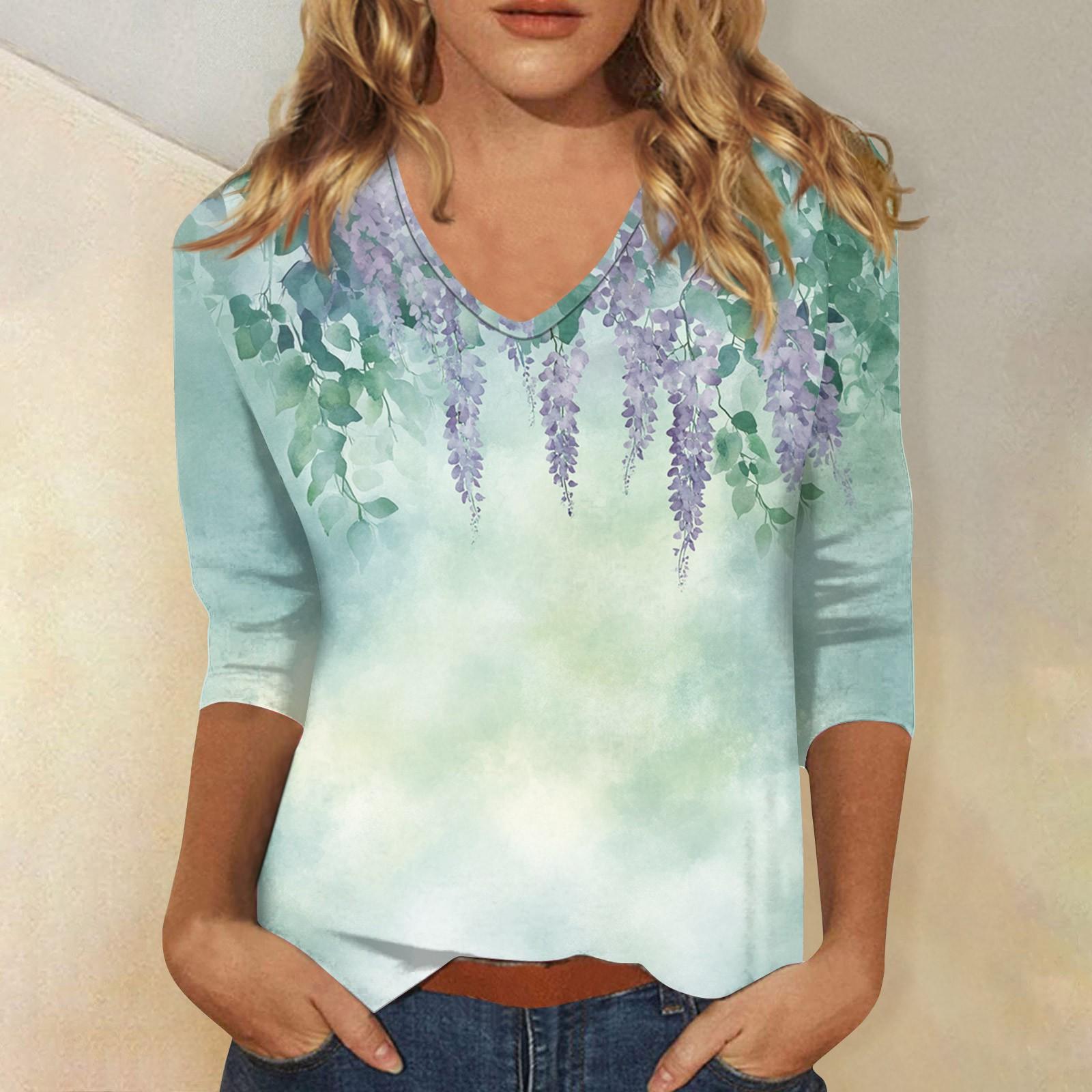 

Женские топы, рубашка с рукавом три четверти, свободная повседневная рубашка с V-образным вырезом, футболка с цветочным принтом XXXL