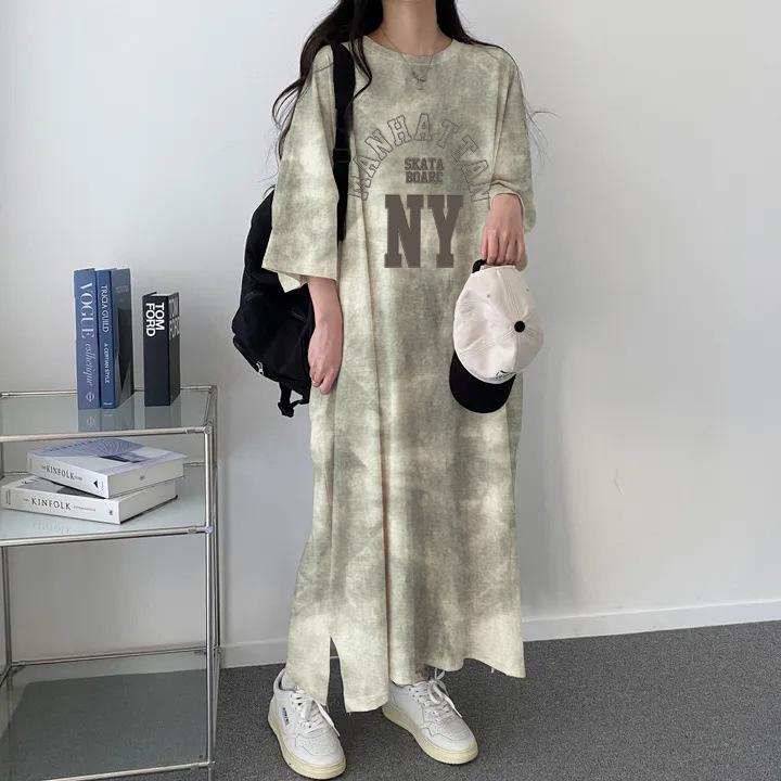 

2024 Spring/Summer Korean Tie-Dye Midi T-Shirt Dress: Chic, Versatile & Trendy for Women Extra Large зелений