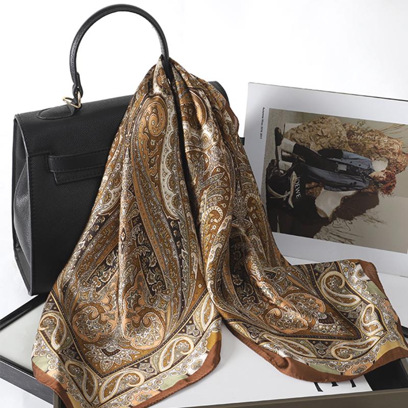 Bohemstil Trykk Luksusmerke Silke Firkantet Skjerf Kvinner Satin Sjal Halsklede Wrap Skjerf Bandana Hår Hjiab Blomstermønstret