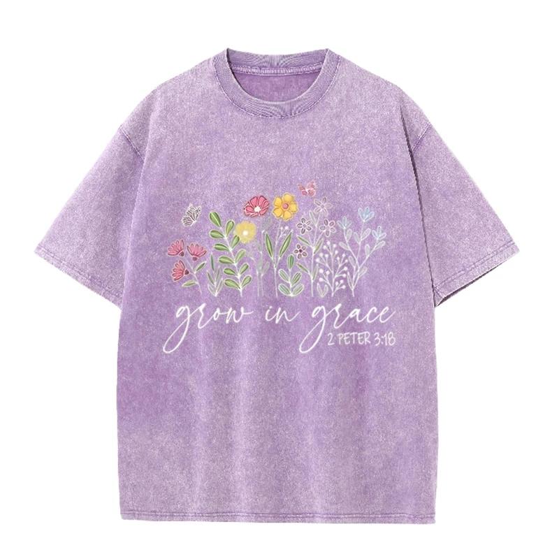 Retro Christian Faith T Shirt Grow In Grace Floral Washed Casual Short Sleeve