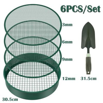 6PCS/Set 11.8" Fine Mesh Soil Sifter Compost Sifter with 4 Interchangeable Filter Mesh Sizes 3/6/9/12mm and Shovel for Garde2025
