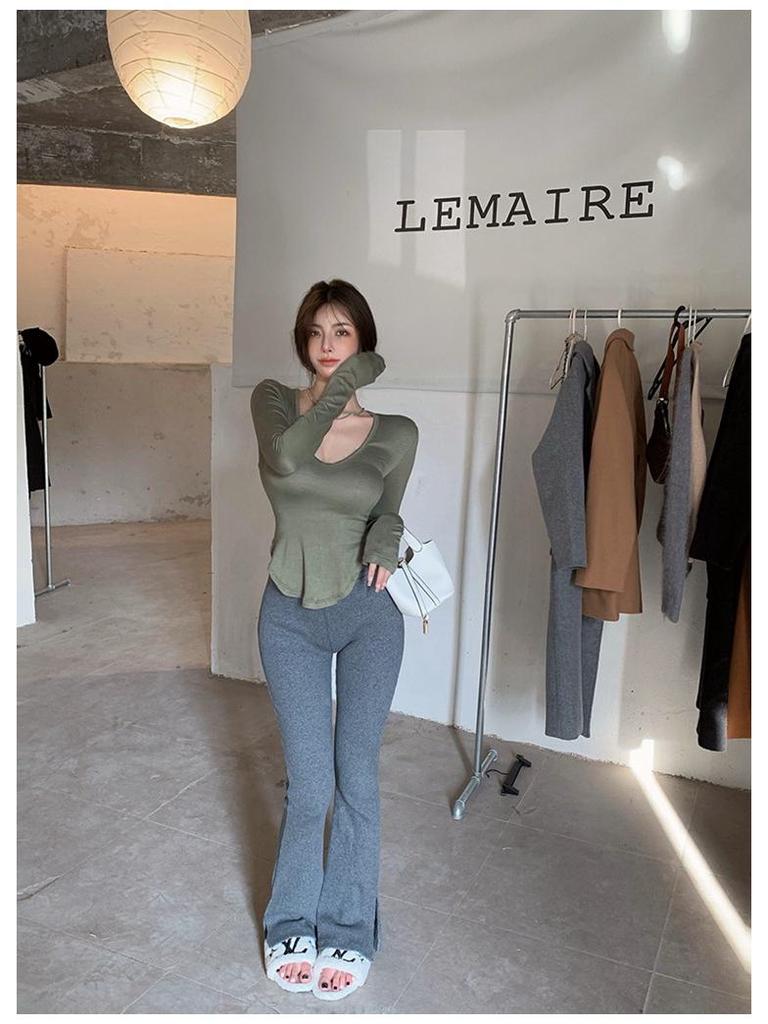 Grünes Damen Langarm Unregelmäßiges Crop Top - Herbstausgabe