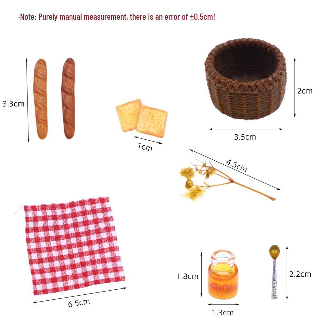 Miniature Breakfast Set with Storage Basket: Includes Honey, Condensed Milk, Jam, Rye Baguette