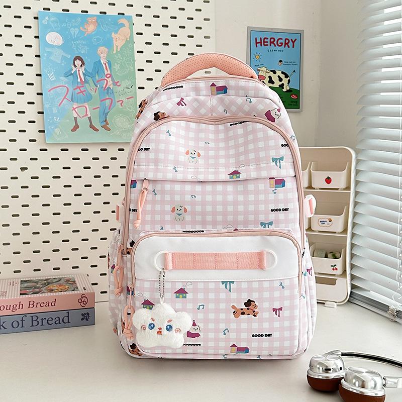 New high-value, fresh and sweet plaid cute cartoon backpack, lightweight backpack for junior high school students