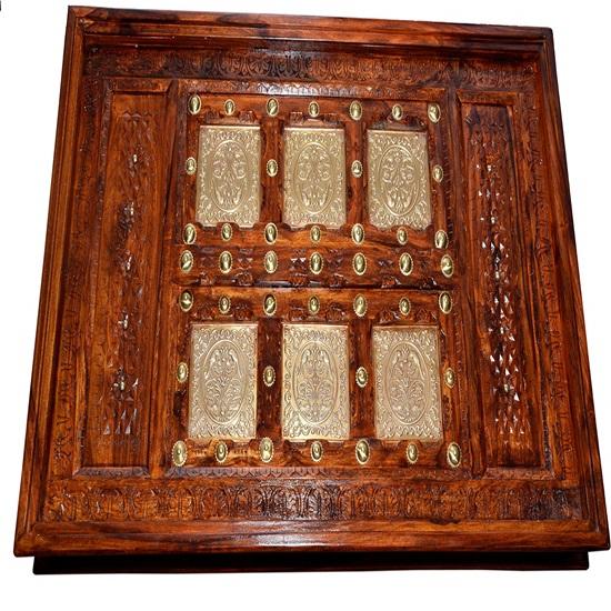 Antiker Messing-Mor-Patda-Design-Massivholztisch mit Glasplatte, Mitteltisch, Gartentisch, Wohnzimmer