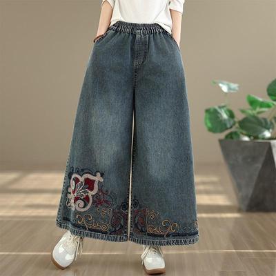 Übergröße Vintage Blumenstickerei Hohe Taille Lässig Locker Damen Frühling Sommer Herbst Jeans Denim Weiter Bein Hosen