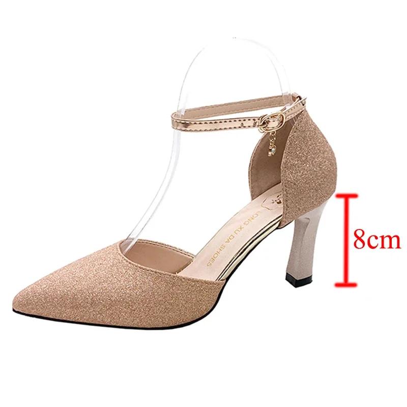Fashion ZOKI Bling Gold Silver Women's Pumps 2024 Sexy Point Toe Thin Heel Party Wedding Shoes Woman Summer Ankle Strap High Heels Shoes
