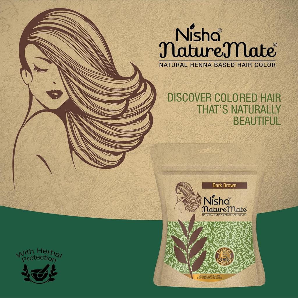 Nisha Nature Mate Dunkelbraun Henna Haarfarbe Pulver Ammoniakfrei Permanente Grauabdeckung Kräuterfarbe 45GX Packung mit 3