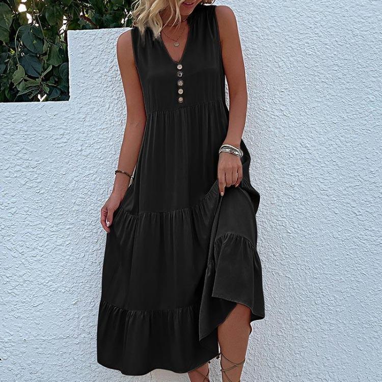 Solid Color A-Line Knee-Length Dress Women Sleeveless V Neck Summer