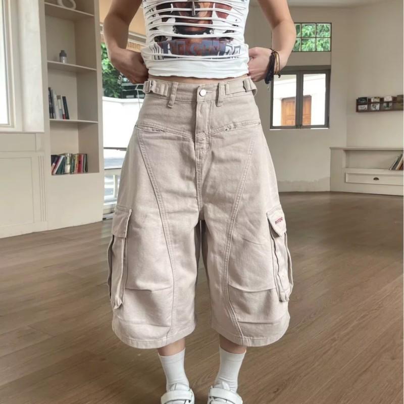 American Vintage Pleated Cargo Pants Loose Wide Leg Denim Shorts Men Women Streetwear