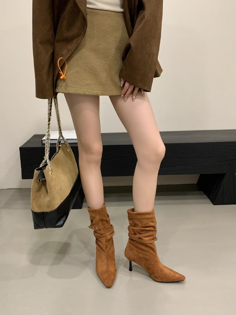 Pile Medium Boots Women's 2025 New European and American Stiletto Belt Buckle Knight Boots Western Cowboy Boots French Short Boots