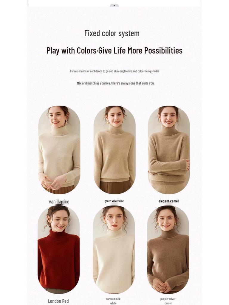 Women's High Turtleneck Cashmere Sweater - Autumn/Winter Slim Fit Knitwear Base Layer
