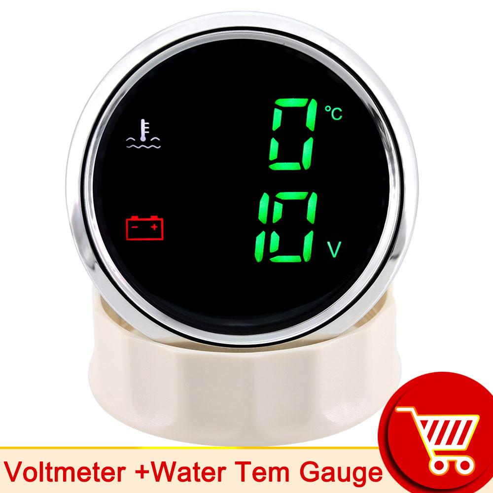 52mm 2in1 Gauge Digital Fuel Level Water Level Gauge With Alarm Water Temp Holding Tank Level Gauge Voltmeter for Car Boat Yach