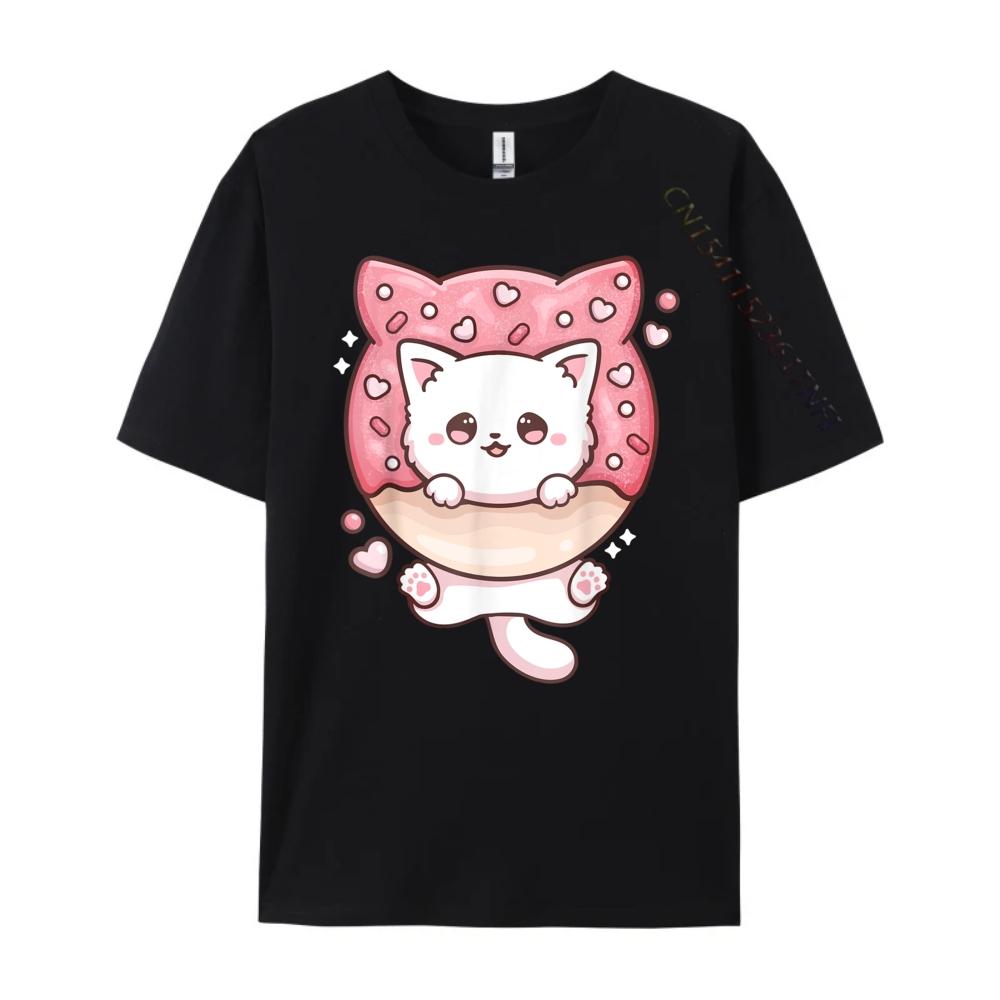 Kawaii Cat Donut Anime Lover Otaku Black Graphic T Shirts Oversized T Shirt Mens Tshirts Large Size Loose