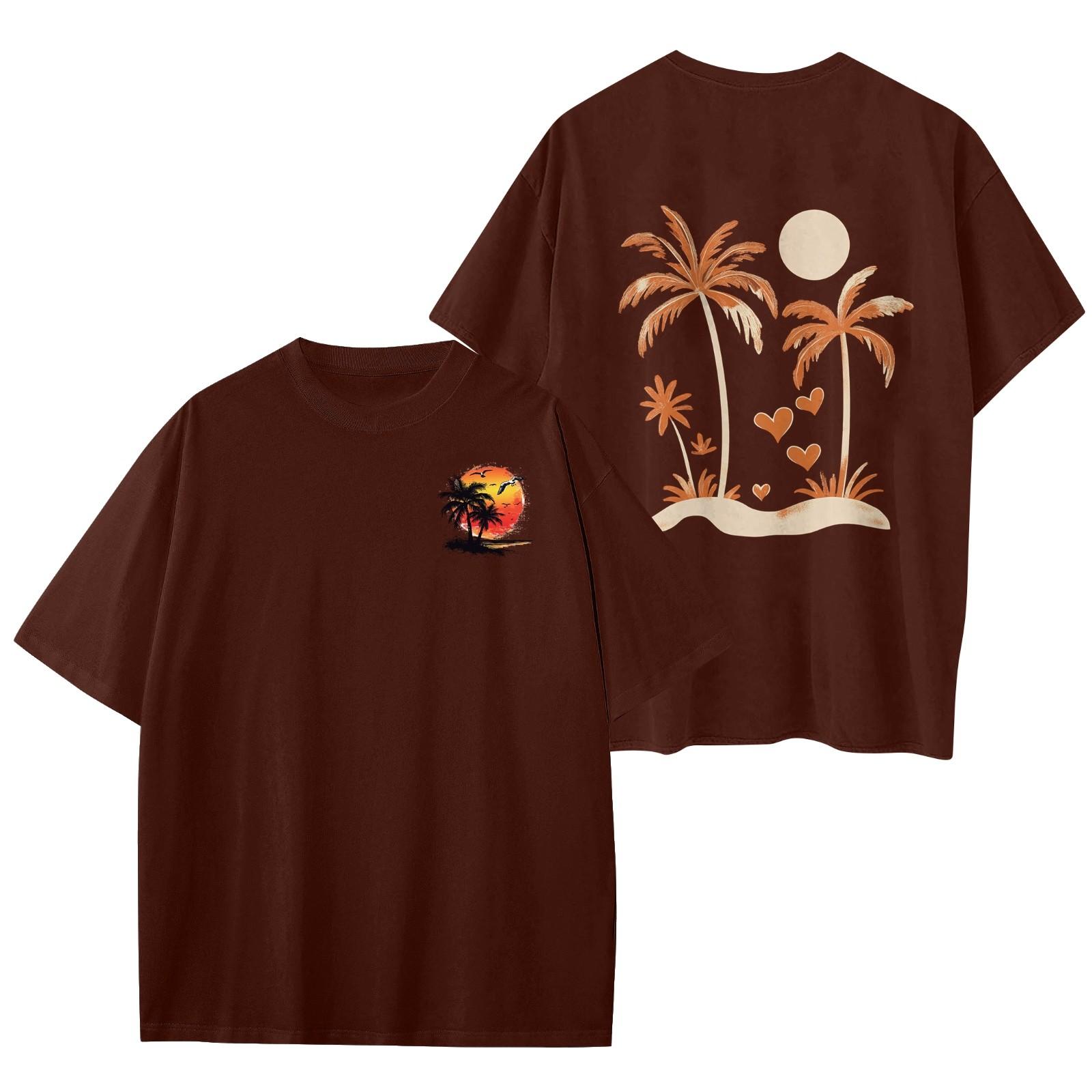 

Женский круглый вырез модный свободный гавайский принт короткие рукава XXXL винный