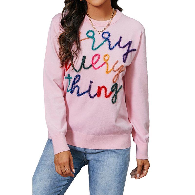 

Fall 2024 New Arrival Long Sleeves Knitting Pullover European and American Leisure Letters Embroidered Slim Slim Looking Women s Sweater Pink Size XL fit (70.00 kg-75.00 kg