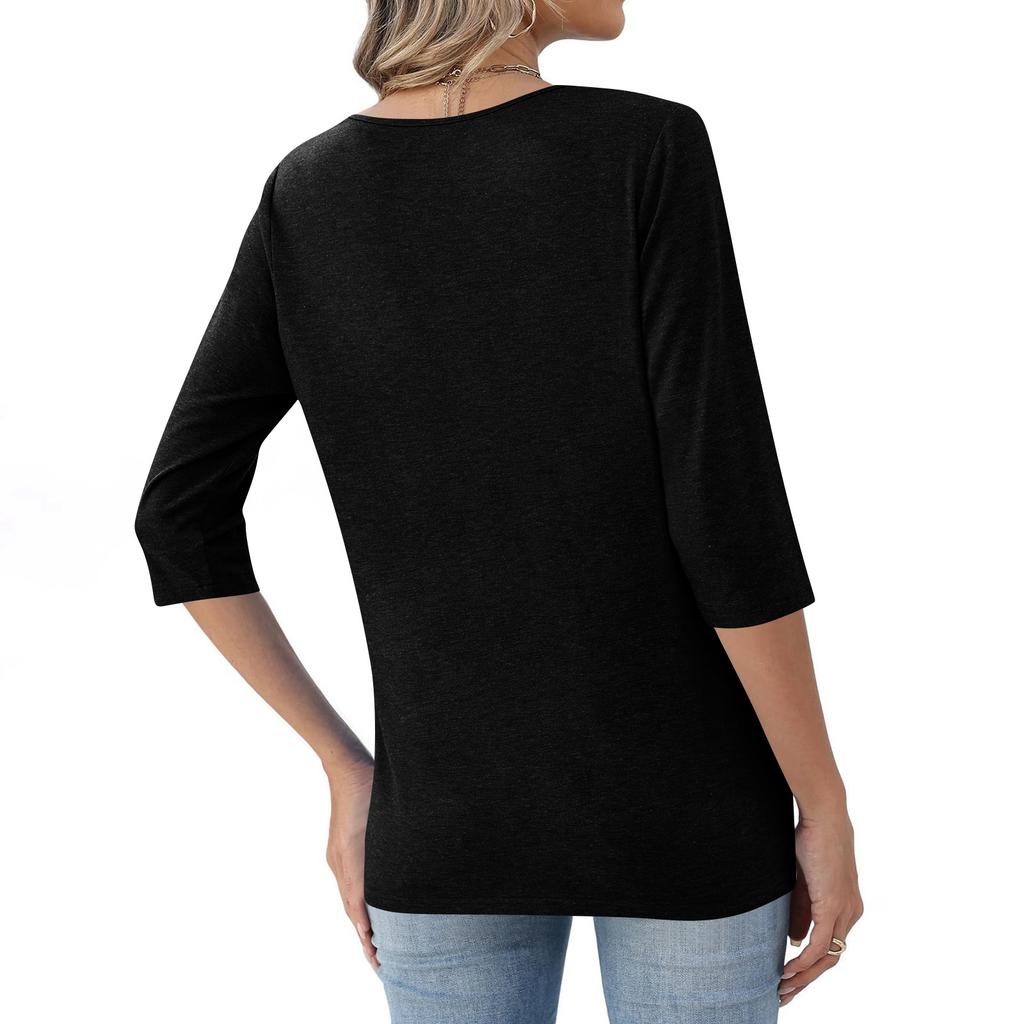 Women's Fashionable Casual Button-down Collar Three-quarter Sleeve T-shirt Top
