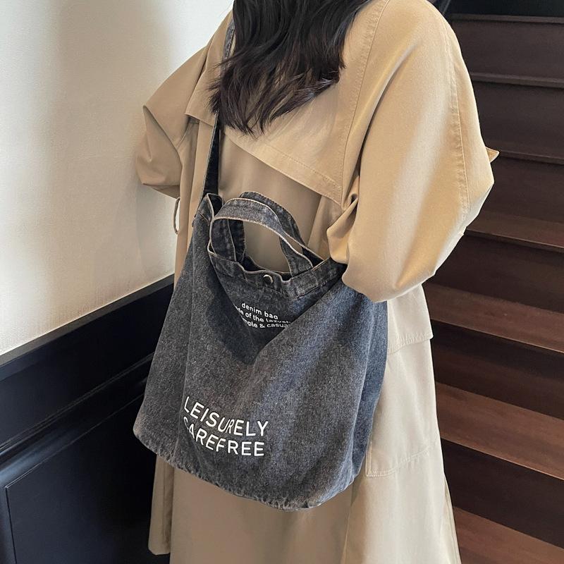 Large Capacity Retro Denim Bag Letter Print Shoulder Bag Women Crossbody Bag