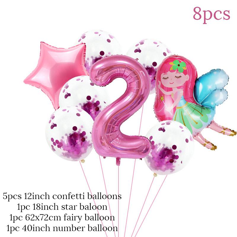 8pcs Girl Birthday Balloons Set Fairy Foil Balloons Number Helium Balloon 1 2 3 4 5 6 7 8 9 Years Old Kids Birthday Party Gifts