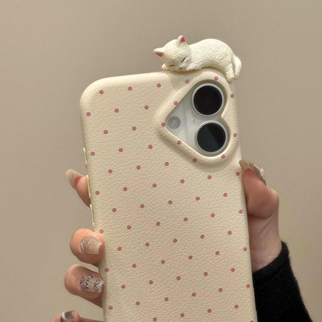 Heart Polka Dot Cat Phone Case for Apple iPhone 16 Pro Max - Soft Silicone Shockproof Creative Cover On iPhone 16/15/14/13/12/11/Pro/Pro Max/Plus