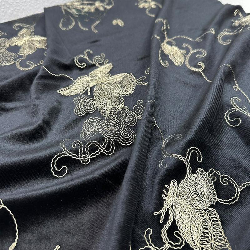 Black Color Flower Printed Embroidered Velvet Fabric African Jacquard Fabrics for Cheongsam Dress Clothing 130cm Width
